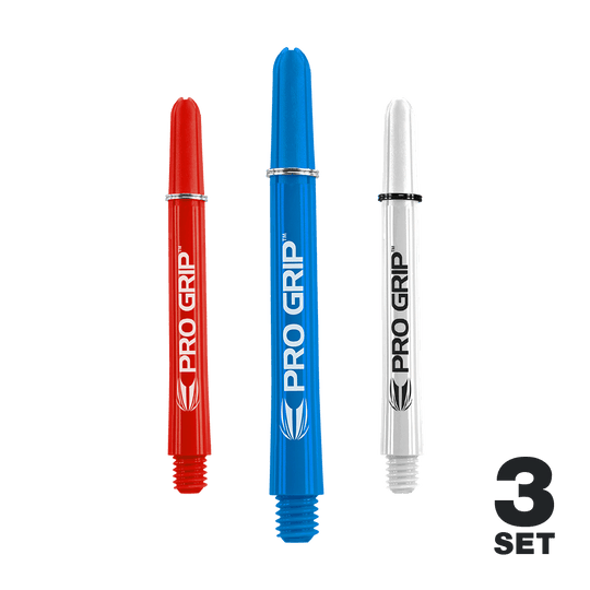 Target Pro Grip Shafts - 3 sets - Rood Blauw Wit Auf dem Bild sind drei Dart-Schäfte in den Farben Rot, Blau und Weiß zu sehen. Sie tragen die Aufschrift "PRO GRIP" und sind als 3er-Set dargestellt.
