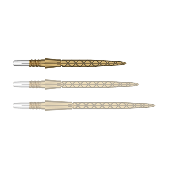 Target Swiss Storm Diamond Point Dartpunten - Goud Das Bild zeigt drei goldene Dartspitzen mit einem rautenförmigen Muster. Die Spitzen sind nebeneinander angeordnet und haben silberne Enden zum Befestigen.