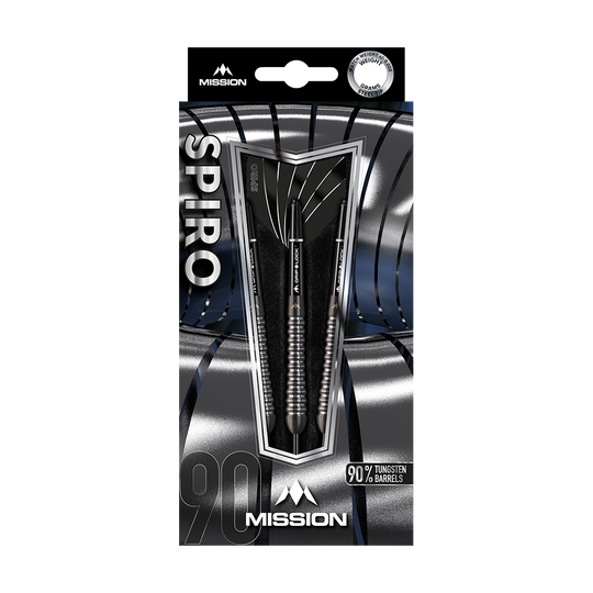 Mission Spiro Model 2 stalen darts - 22g Das Bild zeigt eine Verpackung der Mission Spiro Model 2 Steeldarts mit einem Gewicht von 22 Gramm. Die Pfeile bestehen zu 90 % aus Tungsten und sind elegant in einer silber-schwarzen Box präsentiert.