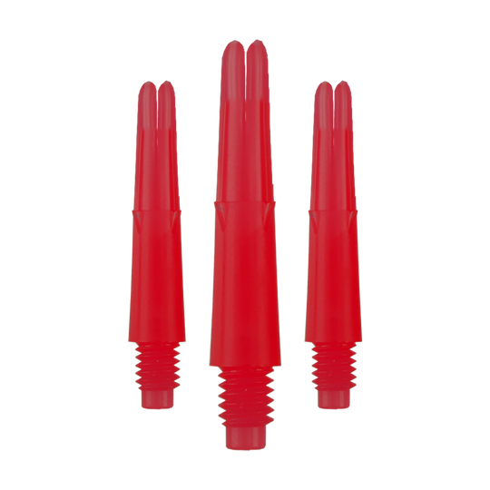 Das Bild zeigt drei rote, gerade Dartschäfte mit Gewinde unten. Sie sind ohne Kappen und haben eine Länge von 26 mm.