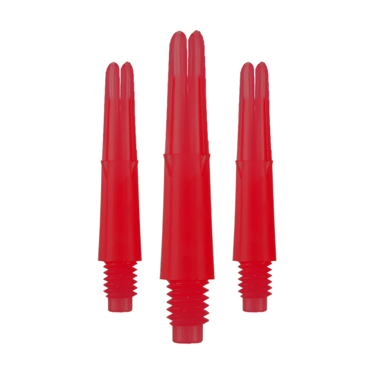 L-L-Style-Shafts Locked Straight - Rood Das Bild zeigt drei rote, gerade Dartschäfte mit Gewinde unten. Sie sind ohne Kappen und haben eine Länge von 26 mm.