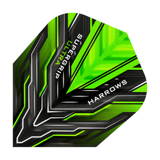 HR11_Harrows_Supergrip_Ultra_Green_Standard_Flights_1q2YYo4XWBmfJw Dies ist ein Harrows Supergrip Ultra Green Standard Flight für Darts. Das Flight ist schwarz und leuchtend grün mit weißen und silbernen Designelementen.