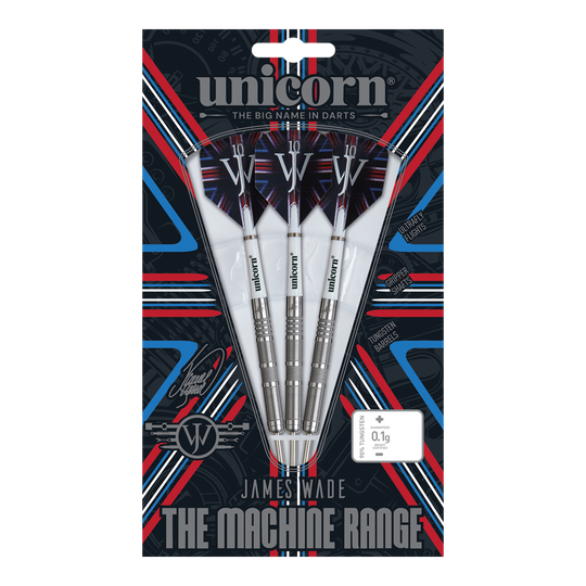 Unicorn James Wade The Machine Range Fase 4 Steeldarts Das Bild zeigt eine Packung Steeldarts der Marke "Unicorn" aus der James Wade The Machine Range Phase 4. Die drei silbernen Darts sind in einer auffällig gestalteten Verpackung mit roten, blauen und weißen Akzenten präsentiert.