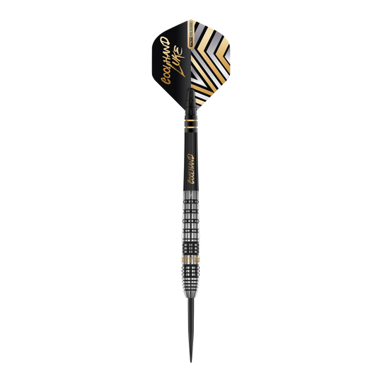 Red Dragon Luke Humphries Prestige Steel Darts Dies ist ein 'Red Dragon Luke Humphries Prestige Steeldart'. Der Dart hat ein schwarz-silbernes Design mit goldenen Akzenten und auffälligen Mustern auf dem Flight.