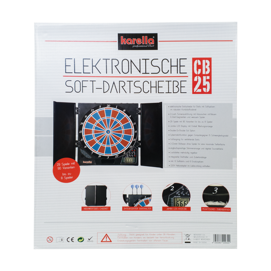 Elektronisch dartbord CB 25 toernooiversie Die Abbildung zeigt die Verpackung der elektronischen Soft-Dartscheibe CB 25 von Karella. Auf der Vorderseite sind Produktmerkmale und Bilder der Dartscheibe mit Zubehör abgebildet.