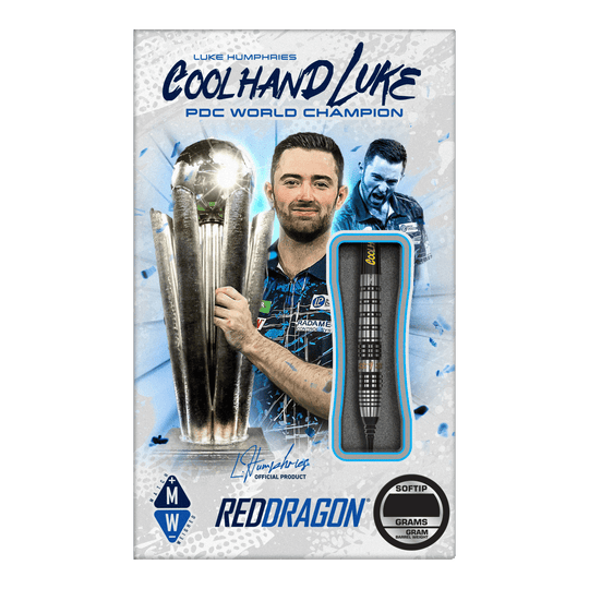 Das Bild zeigt die Verpackung der "Red Dragon Luke Humphries Prestige Softdarts - 20g". Auf der Verpackung ist ein Foto von Luke Humphries mit einem Pokal zu sehen, sowie ein einzelner Dartpfeil als Produktabbildung.