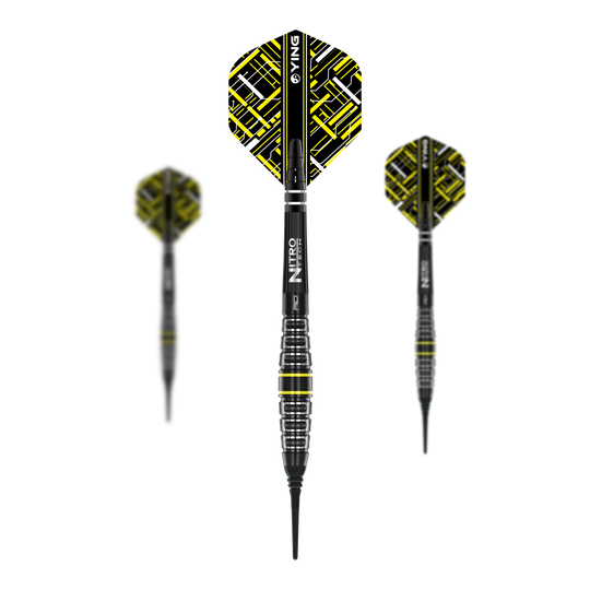 Red Dragon Astraeus Q4X Torpedo Soft Darts - 20g Das Bild zeigt drei Softdarts des Modells "Red Dragon Astraeus Q4X Torpedo - 20g". Die Darts haben schwarze Schäfte mit gelben und weißen Akzenten und ein auffälliges Flight-Design.