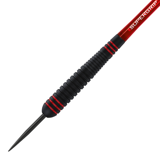 HA13746-Harrows-ACE-Rubber-Grip-Steeldarts-2 Das Bild zeigt einen Harrows ACE Rubber Grip Steeldart mit schwarzem, gerilltem Griff und roten Akzenten. Die Spitze ist aus Metall und der Schaft trägt die Aufschrift "Supergrip".