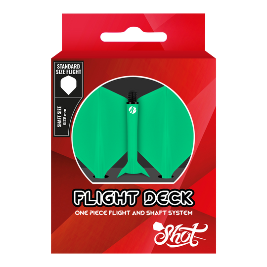 Das Bild zeigt das Produkt „Shot Flight Deck No2 Standard Flight-System - Grün“ in seiner Verpackung. Die Verpackung ist rot und zeigt das grüne Flight- und Shaft-System für Dartpfeile.