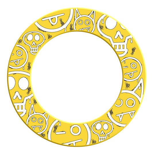 McDart Graffiti Emoji's Dartbord Surround Das Bild zeigt das Produkt mit dem Dateinamen MSF-A6_McDart_Graffiti_Emojis_Dartboard_Surround_Gelb_2. Es handelt sich offenbar um einen gelben Dartboard Surround mit Graffiti Emojis.