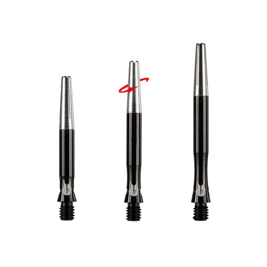 146340 Das Bild zeigt drei schwarze Target Top Spin S Line Shafts für Darts. Die Schäfte haben silberne Spitzen und einen drehbaren Mechanismus.