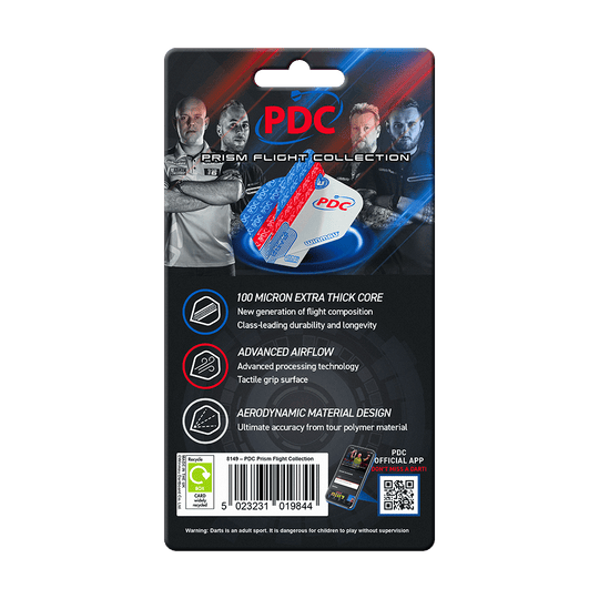Winmau PDC Prism Flight-collectie Das Bild zeigt die Verpackung der "Winmau PDC Prism Flight Collection" für Dartflights. Auf der Verpackung sind Produktmerkmale und Bilder von Dartspielern abgebildet.