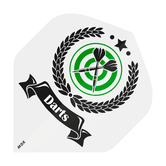 MD-401-Log_2-Seitig_Bedruckte_Flights_Logo_MDX_2 Das Bild zeigt ein grünes Dart-Ziel mit zwei schwarzen Dartpfeilen in der Mitte. Darum herum ist ein schwarzer Lorbeerkranz und ein Banner mit dem Wort "Darts".