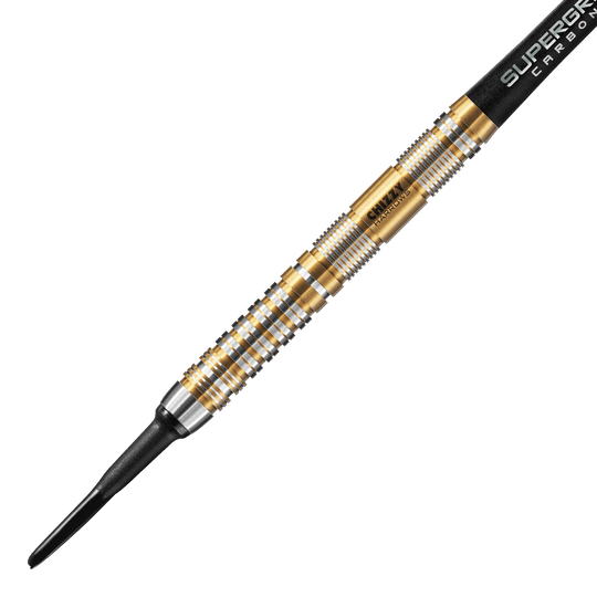 Harrow's Dave Chisnall Chizzy Series 2 zachte darts Das Bild zeigt einen Harrows Dave Chisnall Chizzy Series 2 Softdart. Der Dartpfeil hat ein auffälliges Design mit goldenen und silbernen Ringen entlang des Barrels.