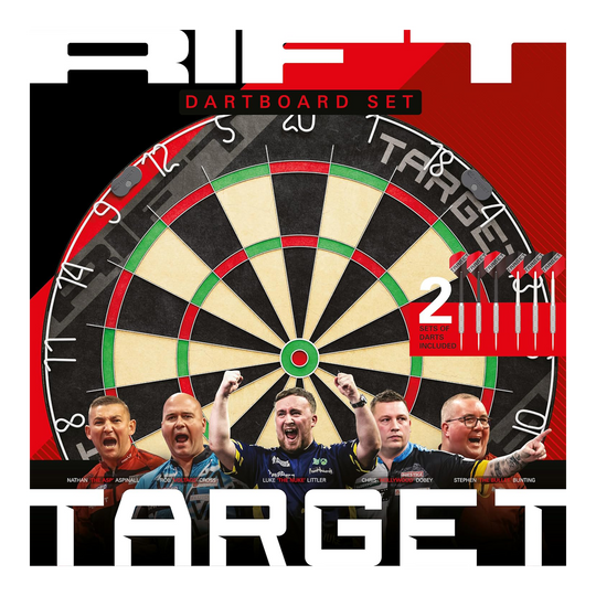 Target Rift stalen dartbordset Dieses Bild zeigt das Target Rift Steeldartboard Set. Das Dartboard Set ist robust und langlebig.