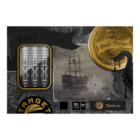 Target Japan Black Marque Chaos 2 SP steel darts Die Abbildung zeigt das Produkt "Target Japan Black Marque Chaos 2 SP Steeldarts" in einer aufwendig gestalteten Verpackung. Auf der Verpackung sind drei Steeldarts, ein Segelschiff und goldene Münzen abgebildet.