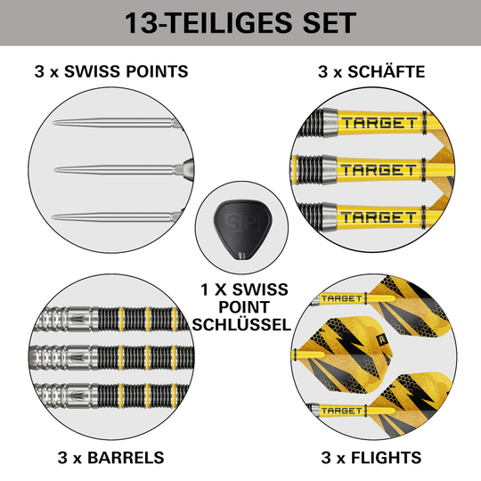 Target Buzz 02 Swiss Points stalen dartpijlen Das Bild zeigt die Target Buzz 02 Swiss Points Steeldarts. Die Steeldarts werden aus einer anderen Perspektive vorgestellt.