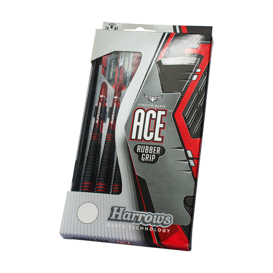 HA13746-Harrows-ACE-Rubber-Grip-Steeldarts-3-4-Plastikbox Das Bild zeigt eine Verpackung mit Harrows ACE Rubber Grip Steeldarts. Die Darts haben einen speziellen Gummigriff für besseren Halt.