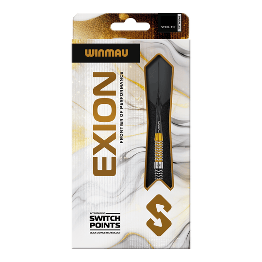 Das Bild zeigt die Winmau Exion Parallel Switch Point Steeldarts nochmals mit unterschiedlichen Details. Diese Darts überzeugen durch ihre hohe Qualität.