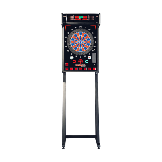 Karella_E-Master_Dartautomat_Standfuss_Ohne_M-nzeinwurf_1 Auf dem Bild ist der Karella E-MASTER Dartautomat ohne Münzeinwurf zu sehen. Das Gerät steht auf zwei Beinen und hat eine elektronische Dartscheibe mit verschiedenen Bedientasten.