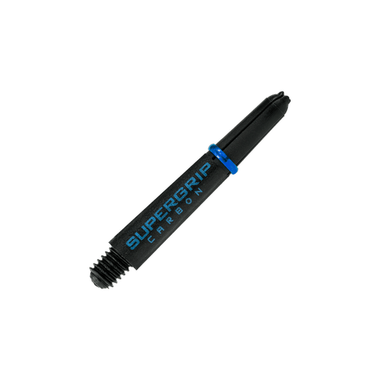 Das Bild zeigt einen Harrows Supergrip Carbon Shaft in der Farbe Aqua. Der Schaft ist überwiegend schwarz mit blauen Akzenten und der Aufschrift "SUPERGRIP CARBON".