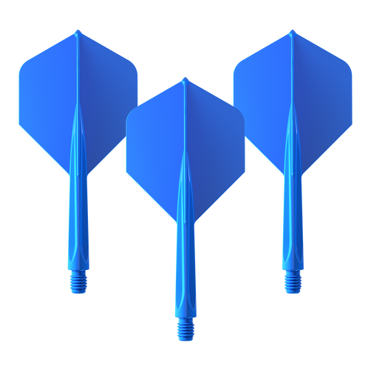 Das Bild zeigt drei blaue Dart-Flights des Produkts "Unicorn Forge All In One Plus No2 Standard Flights Blau - Medium". Sie sind mittelgroß und haben eine standardisierte Form.