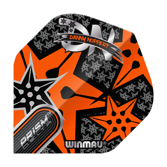 Das Bild zeigt ein buntes Dart-Flight mit orangefarbenem und schwarzem Sternmuster. Auf dem Flight stehen die Namen "Danny Noppert" und "Winmau Prism Delta".