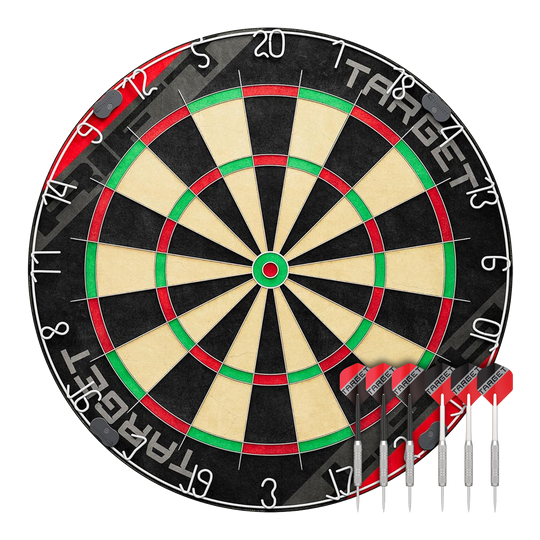 Target Rift stalen dartbordset Hier sieht man das Target Rift Steeldartboard Set. Das Produkt bietet eine stabile Dartscheibe für präzises Spiel.