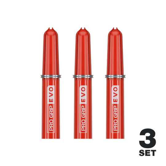 Target Pro Grip EVO vervangende tops (pak van 9) Das Bild zeigt drei rote Target Pro Grip EVO Ersatztops für Dartpfeile. Unten rechts steht "3 Set", was auf drei Sets in der Packung hinweist.