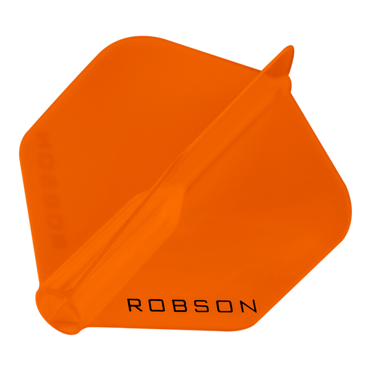 Robson Plus Standard Flights Das Bild zeigt ein orangefarbenes Dart-Flügel mit der Aufschrift "ROBSON". Er hat eine sechseckige Form und ist transparent.