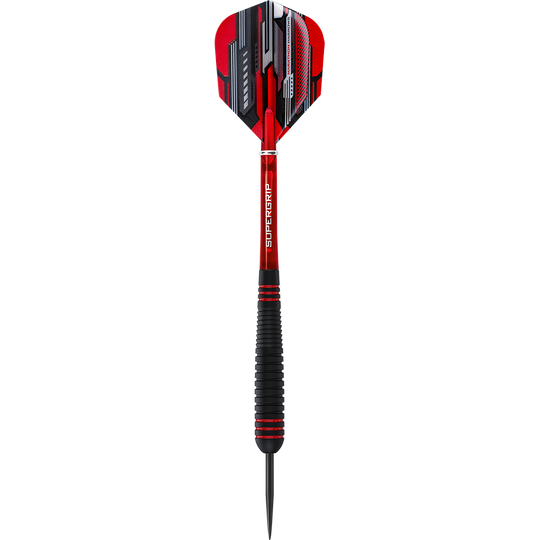 HA13746-Harrows-ACE-Rubber-Grip-Steeldarts-1zIA2wqelIZGIE Das Bild zeigt einen Harrows ACE Rubber Grip Steeldart. Der Dart hat ein rotes und schwarzes Design mit einem gummierten Griff für besseren Halt.