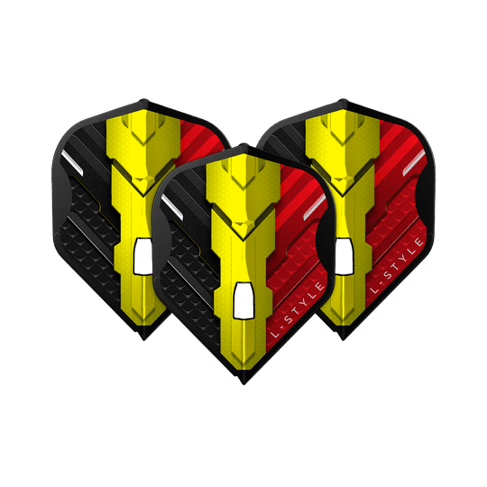 Das Bild zeigt drei Dart Flights des Modells "L-Style V-Series V1 Type C Belgium Black L1PRO". Die Flights sind in den Farben Schwarz, Gelb und Rot gestaltet und tragen das Logo "L-STYLE".