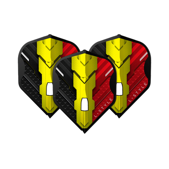 L-Style V-Serie V1 Type C België Zwart L1PRO Vluchten Das Bild zeigt drei Dart Flights des Modells "L-Style V-Series V1 Type C Belgium Black L1PRO". Die Flights sind in den Farben Schwarz, Gelb und Rot gestaltet und tragen das Logo "L-STYLE".