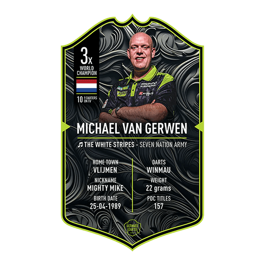 Ultieme dartskaart - Michael Van Gerwen 2025 Dies ist eine Sammelkarte von "Ultimate Darts" für Michael Van Gerwen aus dem Jahr 2025. Sie zeigt sein Foto und enthält Informationen wie seinen Spitznamen, Geburtsdatum, Heimatstadt und Statistiken.