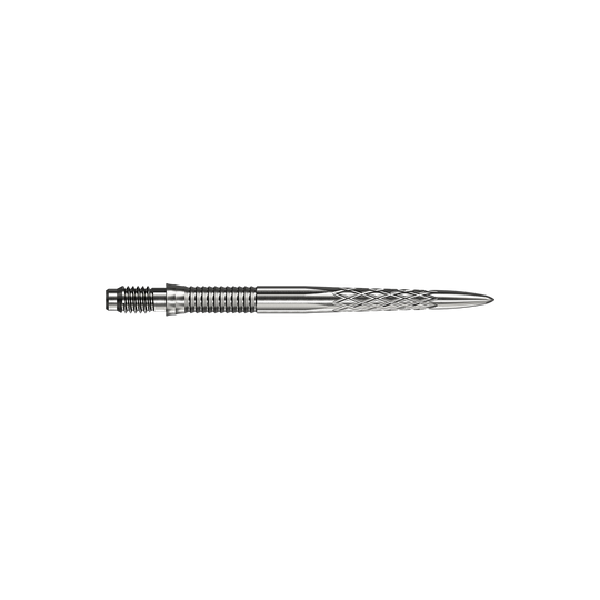 Abgebildet sind silberne Dartspitzen Mission R25 Rapid Point DSX mit einer Länge von 30mm. Die Spitzen werden aus zwei verschiedenen Blickwinkeln präsentiert.