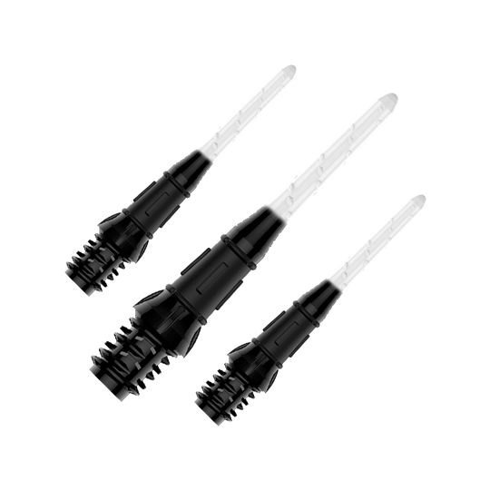 L-Style Premium Two Tone Lippoints (verpakking van 30) Auf dem Bild sind drei schwarze und transparente Dartspitzen zu sehen. Sie sind in einer Reihe angeordnet und weisen ein modernes, zweiteiliges Design auf.