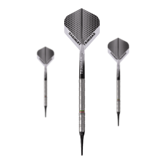 Trinidad Jose De Sousa Type 3 Softdarts - 18g Das Bild zeigt drei Softdarts des Modells "Trinidad Jose De Sousa Type 3" mit einem Gewicht von 18g. Die Darts haben ein silbernes, geriffeltes Barrel und Flights mit Wabenmuster.