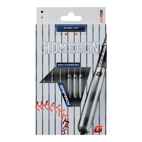 GOAT Homerun Baseball Tungsten Steel Darts Das Bild zeigt die Verpackung der "GOAT Homerun Baseball Tungsten Steeldarts" mit Stahlspitze. Auf der Vorderseite sind drei Darts sowie baseballtypische Designelemente abgebildet.