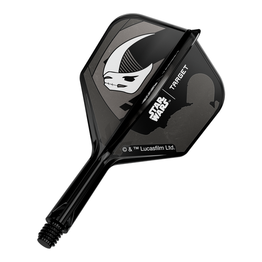Target Star Wars K-Flex Set Mandalorian nr. 6 Flights Abgebildet ist ein Motiv mit Mandalorianer-Rüstung, inspiriert von Star Wars. Das Design ist auf einem No6 Flights 19 mm Dart-Flügel zu sehen.