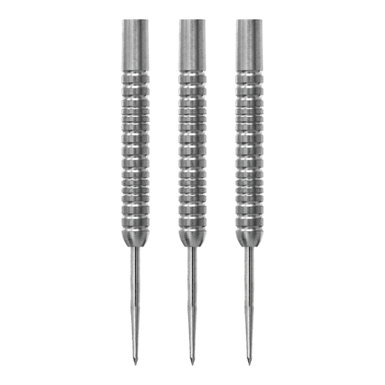 Das Bild zeigt drei silberne Steeldart-Barrels des Modells McDart Spectre V2 mit einem Gewicht von 22g. Die Barrels haben eine geriffelte Oberfläche für besseren Halt.