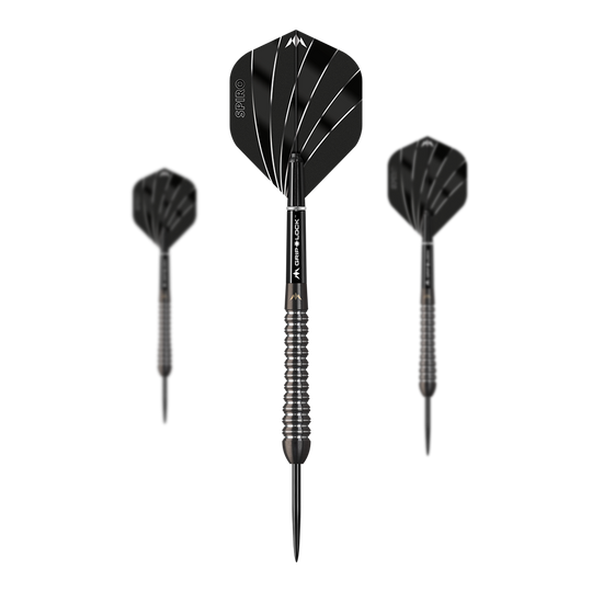 Mission Spiro Model 2 stalen darts - 22g Das Bild zeigt drei Steeldarts des Modells "Mission Spiro Model 2" mit einem Gewicht von 22g. Die Darts sind schwarz mit silbernen Akzenten und haben auffällige Flights mit weißen Linien.