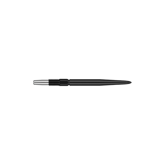 Target Swiss Point Black dartpunten Das Bild zeigt eine schwarze Dartspitze mit einer silbernen Befestigung. Die Spitze ist schlank und misst 26 mm in der Länge.