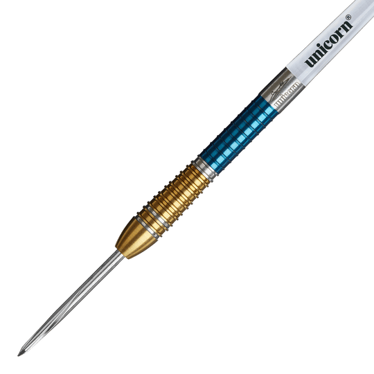 Dies ist ein Unicorn Gary Anderson Duo Phase 6 Steeldart. Der Dart hat einen goldenen und blauen Griffbereich sowie eine silberne Spitze.
