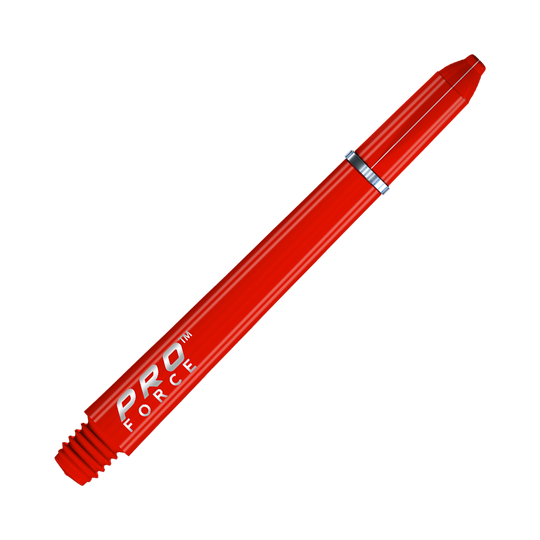 Das Bild zeigt einen roten Winmau Pro-Force Shaft für Darts. Auf dem Schaft steht in weißer Schrift "PRO FORCE".