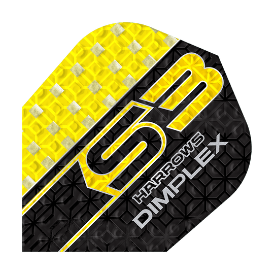 Harrows Dimplex S3 Flights - Geel Das Bild zeigt das Produkt "Harrows Dimplex S3 Flights - Gelb". Das Flight ist gelb und schwarz mit silbernen Details und einem strukturierten Muster gestaltet.