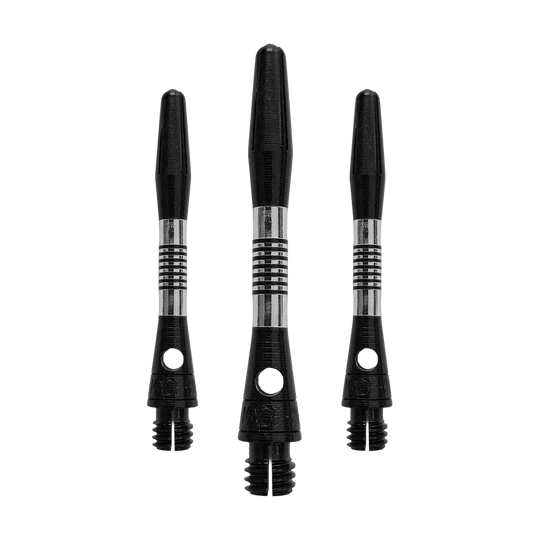 Bulls NL Cetra Aluminium Shafts - Zwart Das Bild zeigt ein Set von schwarzen Aluminium-Dartschäften. Alle Schäfte haben eine Länge von 34mm.