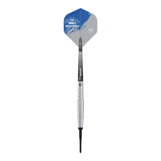 Das Bild zeigt einen Bulls Martin Schindler Original Generation 2 Softdart. Der Dartpfeil hat ein silbernes, geriffeltes Barrel und ein Flight mit blau-grauem Design.