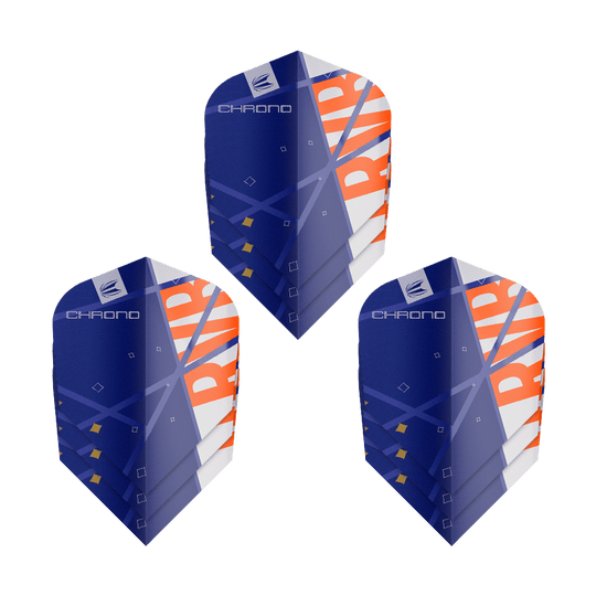 Target Pro Ultra Raymond Van Barneveld Chrono Ten-X Standaardvluchten - 3 sets Das Bild zeigt drei Sätze Target Pro Ultra Raymond Van Barneveld Chrono Ten-X Standard Flights. Die Flights sind überwiegend blau mit weißen und orangefarbenen Akzenten gestaltet.