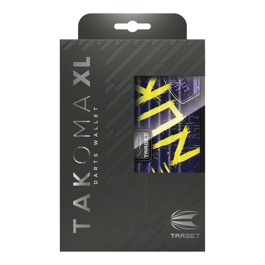 Target Takoma Luke Littler XL dartkoffer Das Bild zeigt die Verpackung des Target Takoma XL Dartcases, das speziell für Luke Littler designt wurde. Die Verpackung ist überwiegend schwarz mit gelben und violetten Akzenten auf dem Dartcase selbst.
