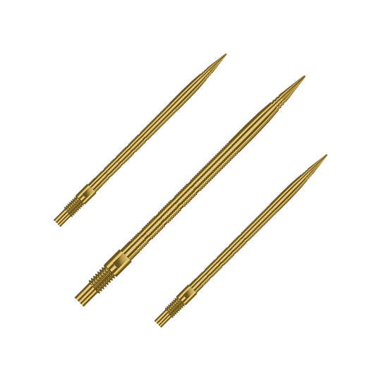 Harrows Quick Point Micro Ridge Dart Tips - Goud Gezeigt wird ein Set von Harrows Quick Point MicroRidge Dartspitzen in Gold, 40mm. Verschiedene Spitzen sind nebeneinander angeordnet.